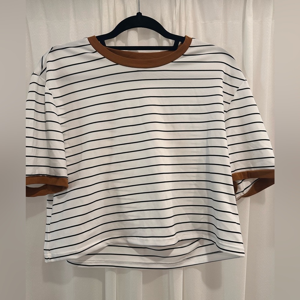 Casual Striped White and Brown Unisex Cropped  Tee